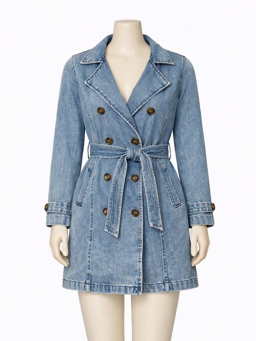 Stoosh Vintage Denim Trench Coat XL Belted Double Breasted Y2K Blue Jean